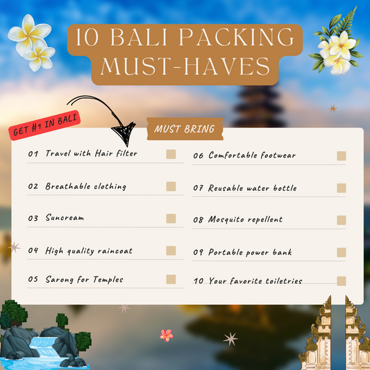 Bali packing list with ten essential items.