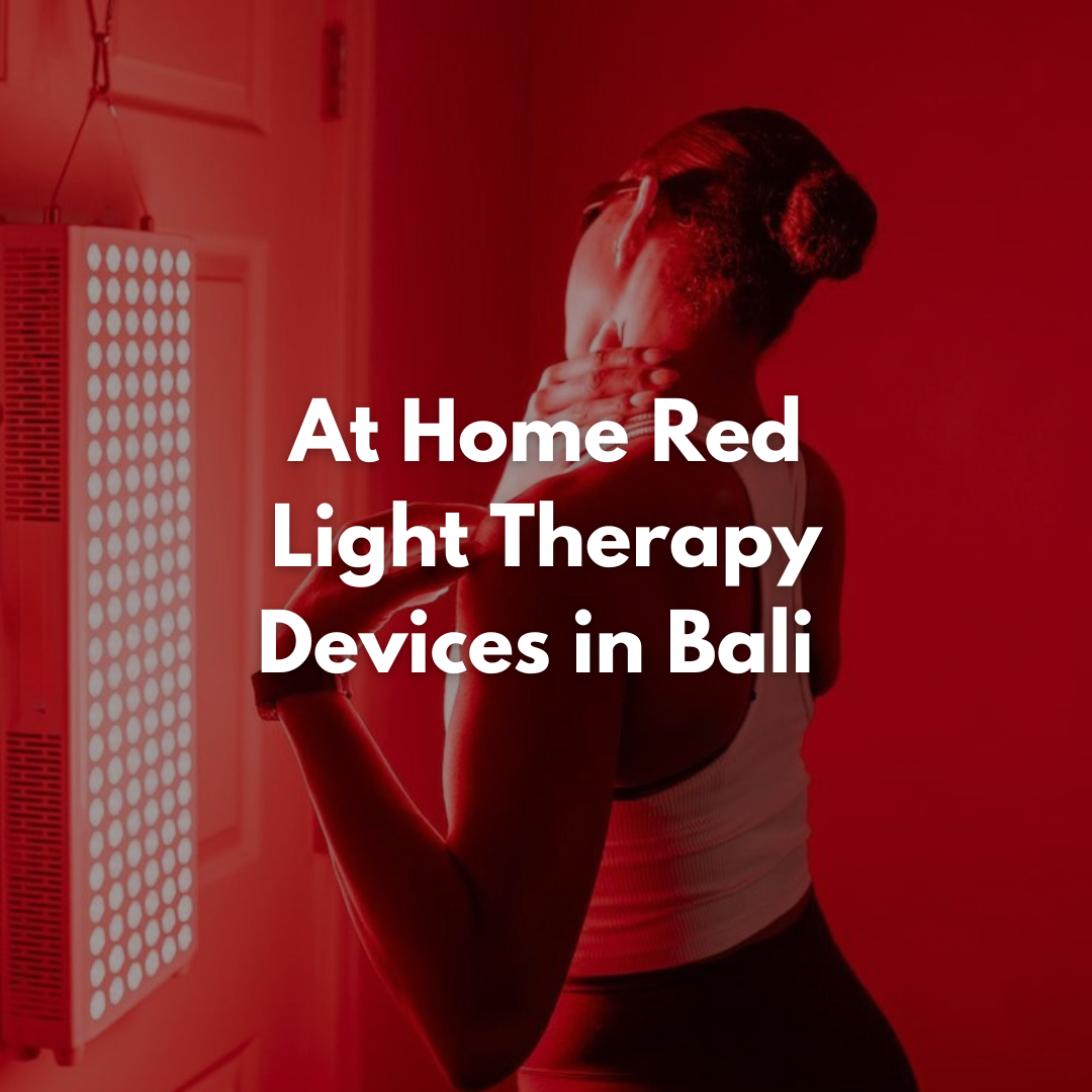 A woman using a red light therapy panel at home in Bali, targeting shoulder pain and muscle recovery.