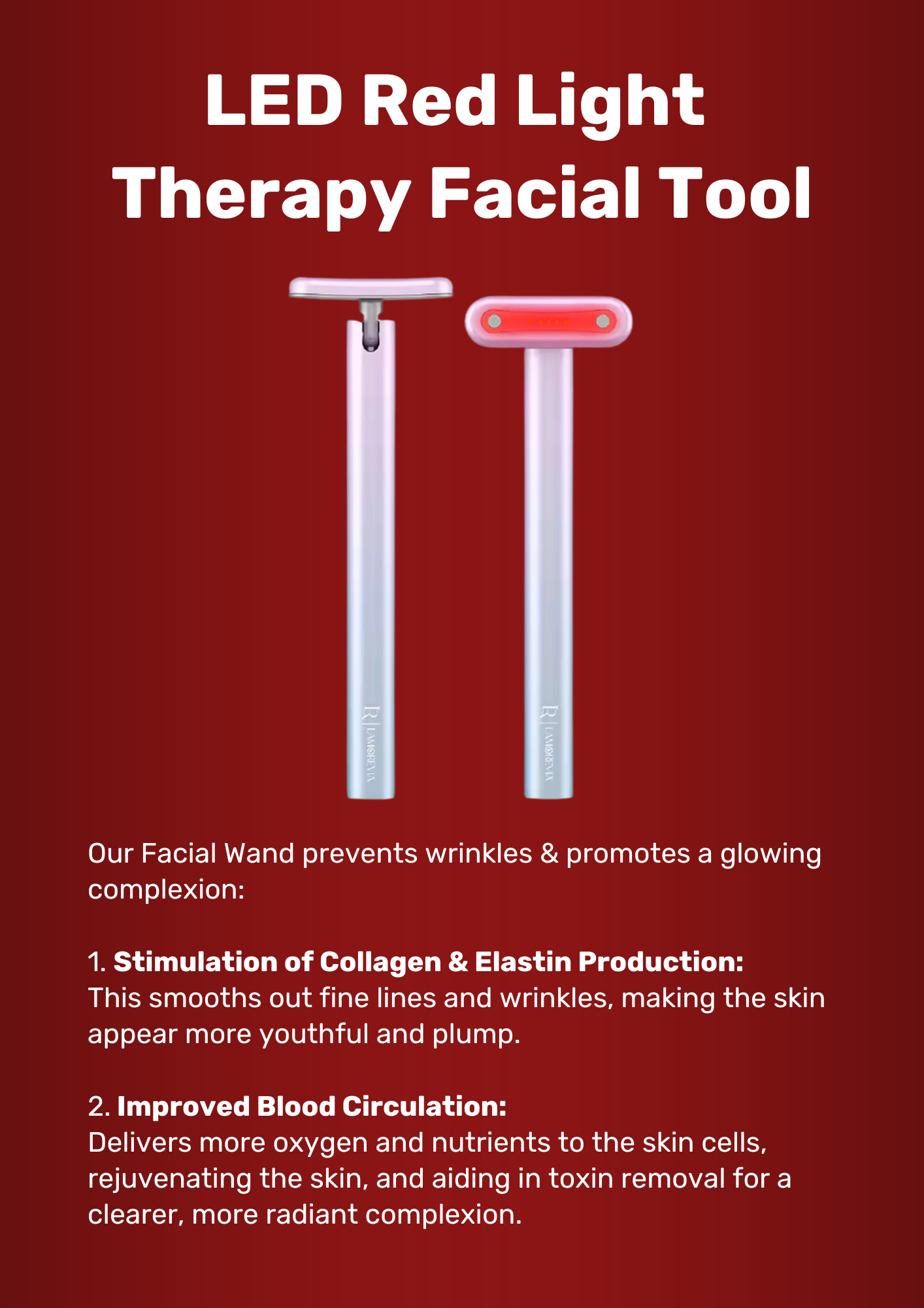 Description showing how a led red light facial tool works