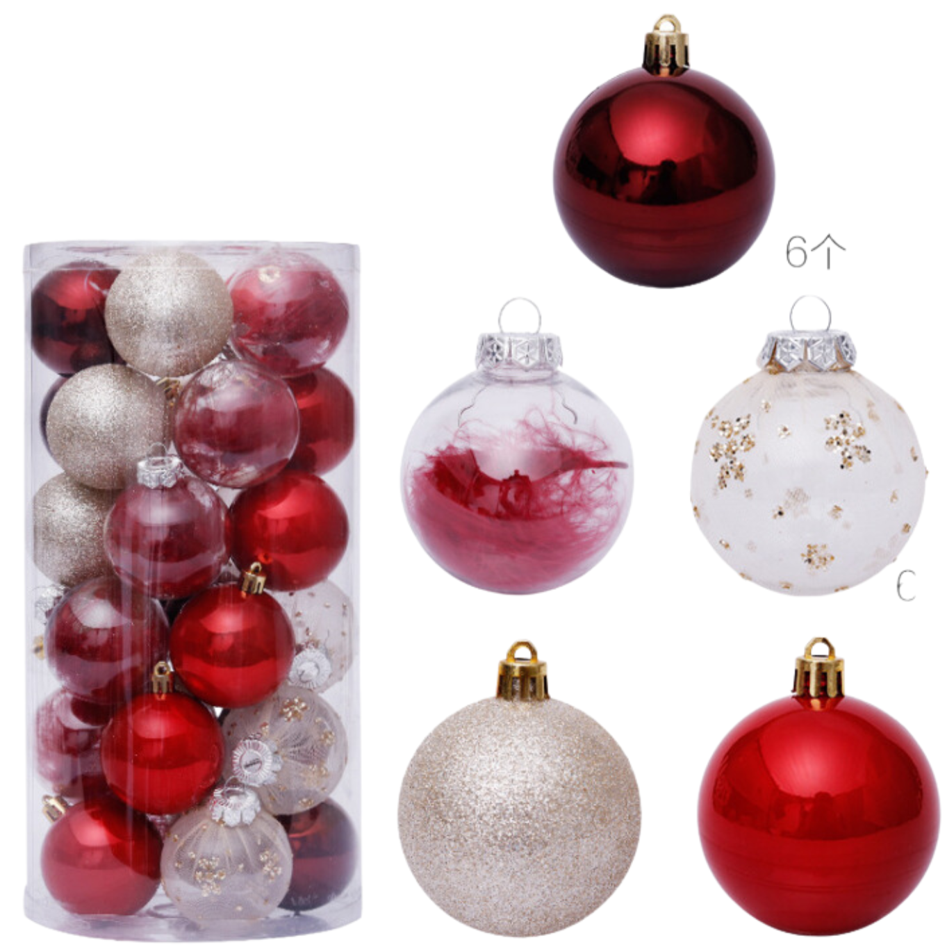 30 pcs pack of Luxury Baubles (6cm) Red And White