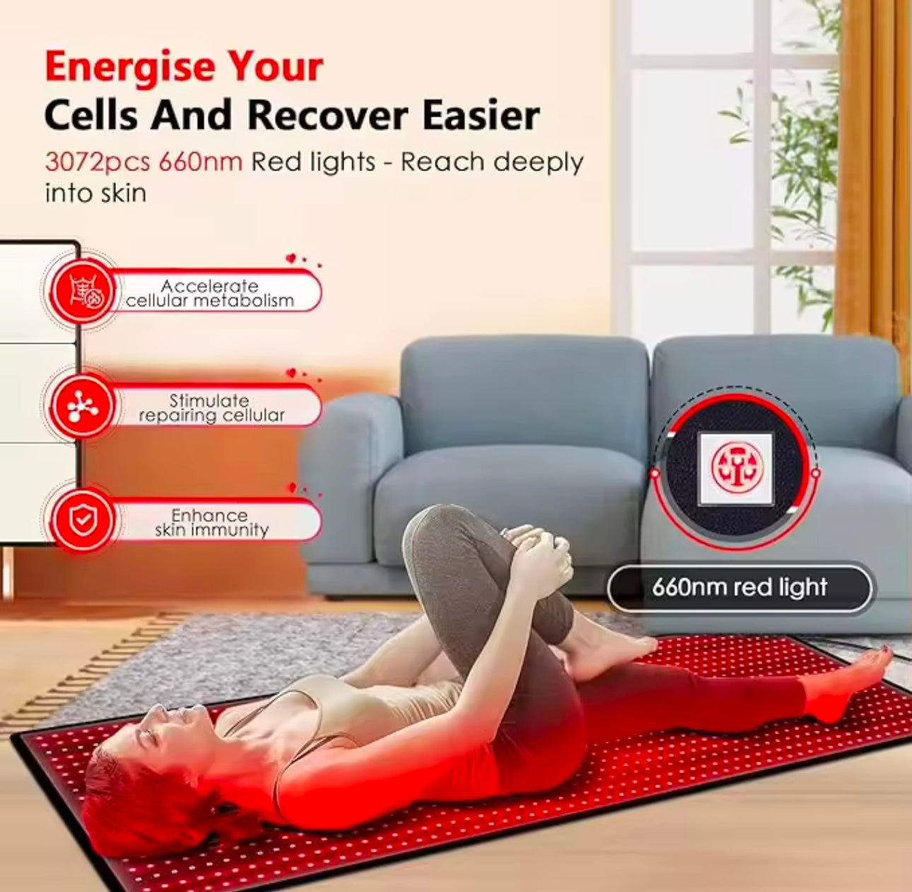 a woman stretching on a red light therapy mat