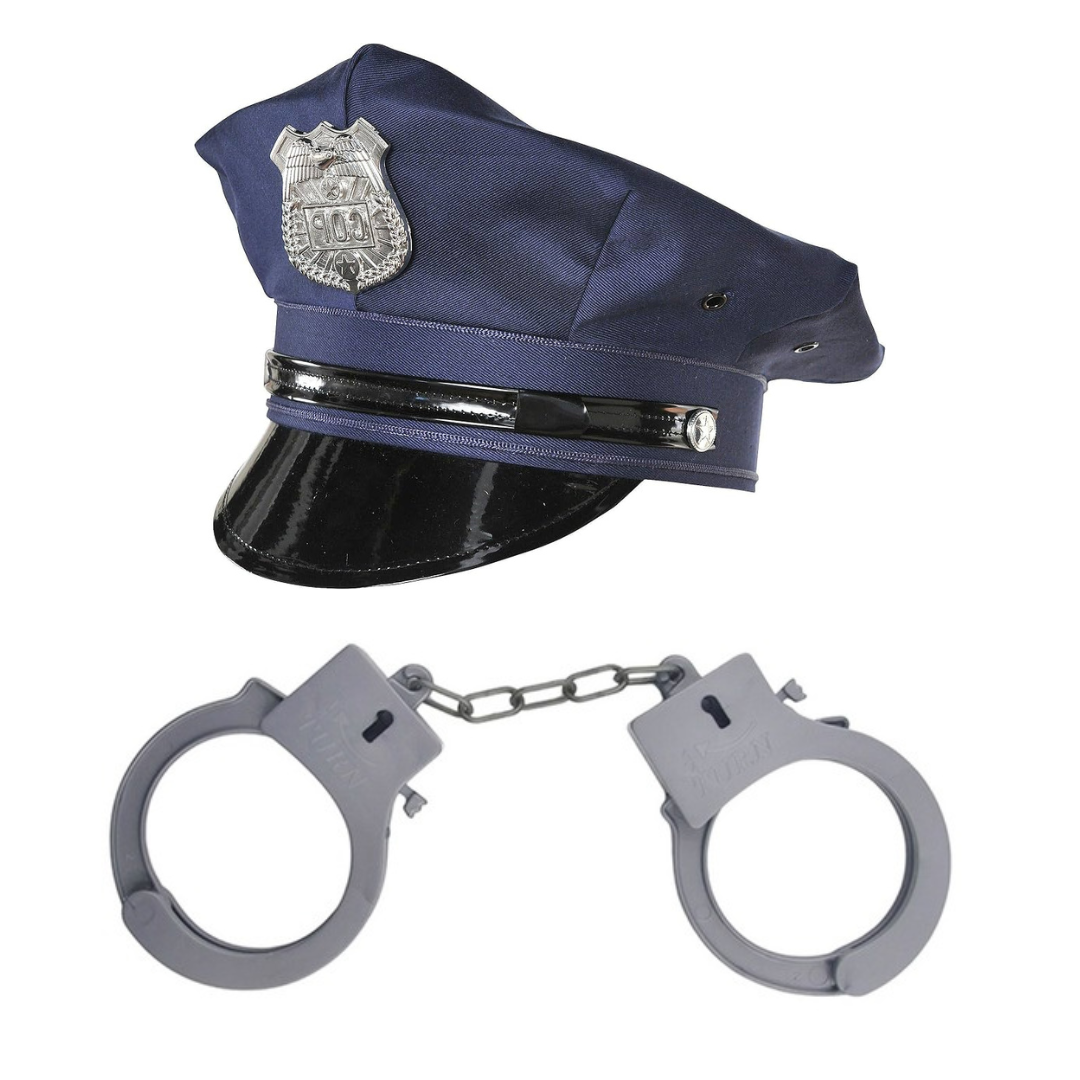 Blue Police Hat and Handcuffs